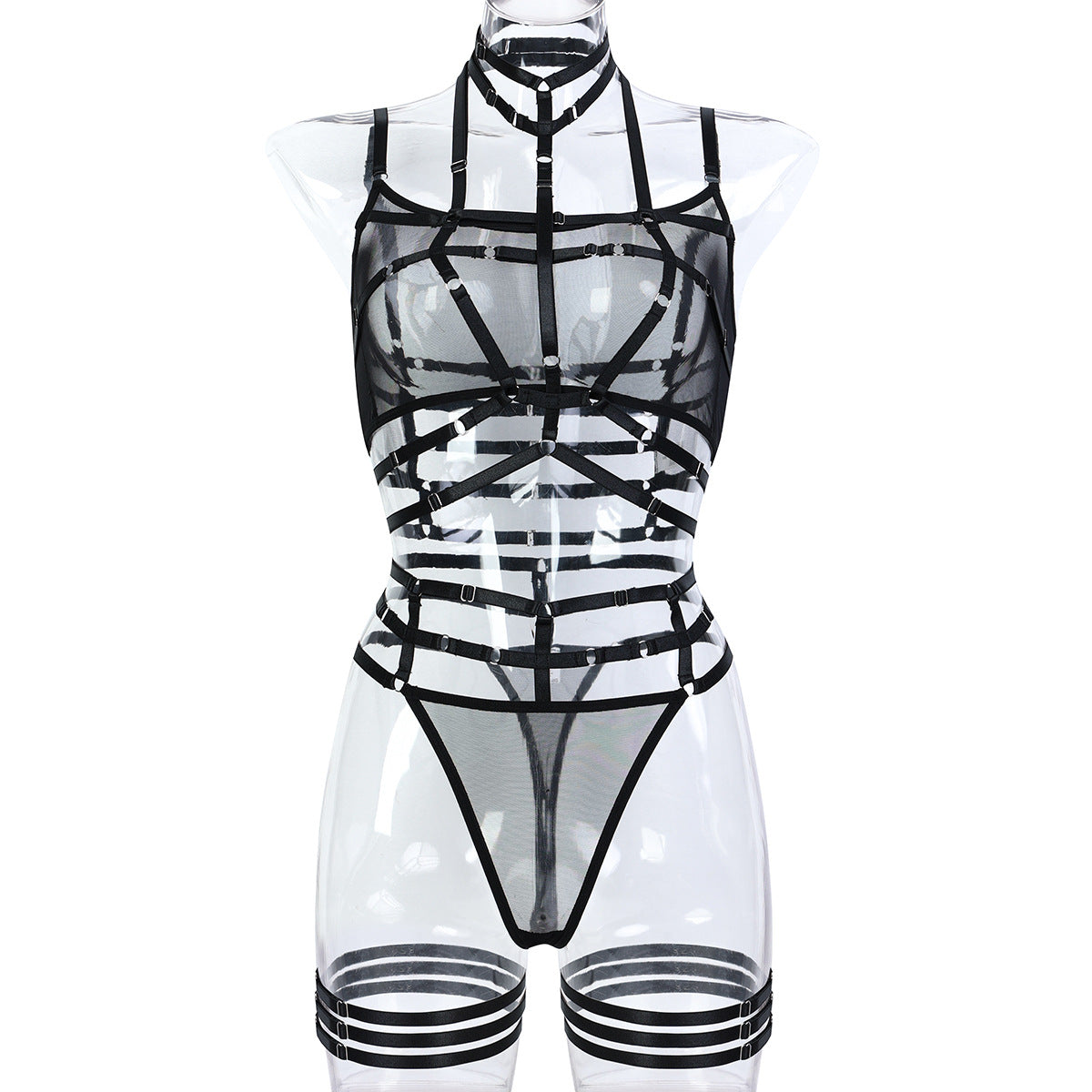 Women Clothing Complex Lace up Cross Halter Sexy Mesh See through Underwear Three Piece Set