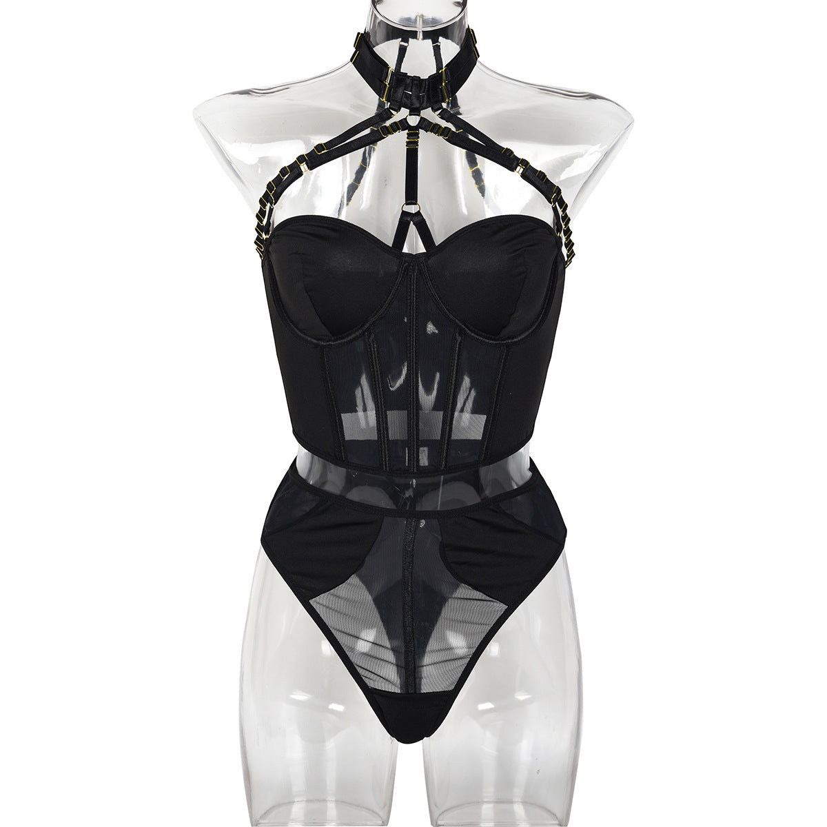 Sexy Suit Mesh Strap Stitching Complex Heavy Craft Metal Halter