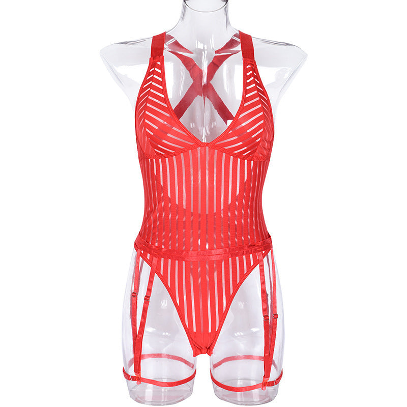 Sexy Hollow Out Cutout Striped Cross Strap One Piece Sexy Lingerie Suit