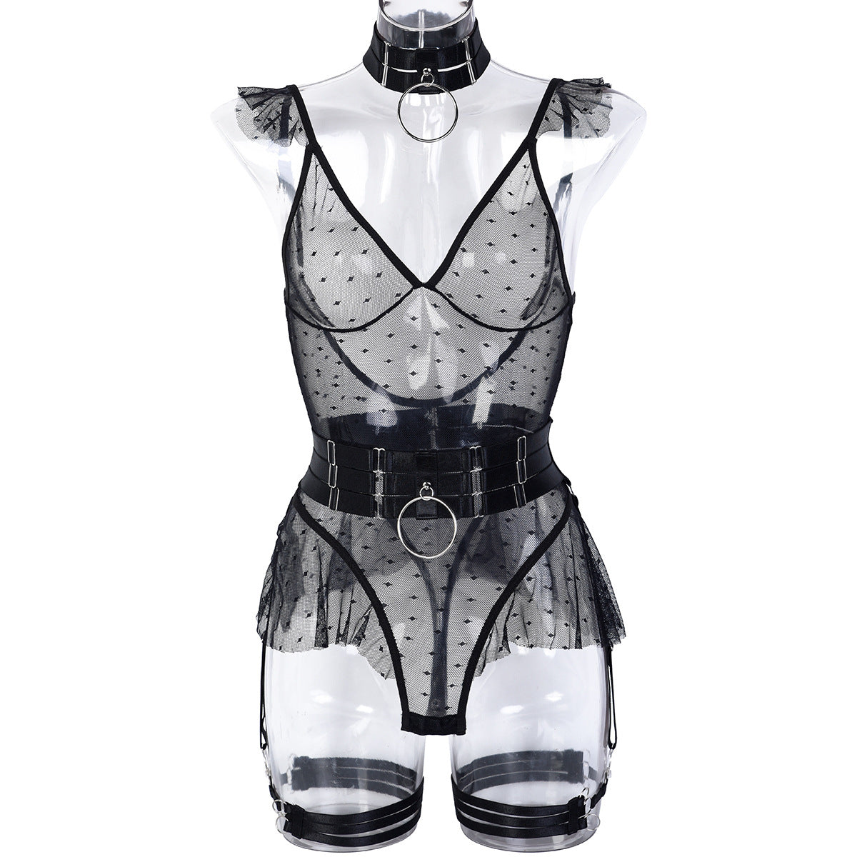 Sexy 5 Piece Set Winter Mesh Stitching Jumpsuit With Large Halter Waist Seal Leg Ring