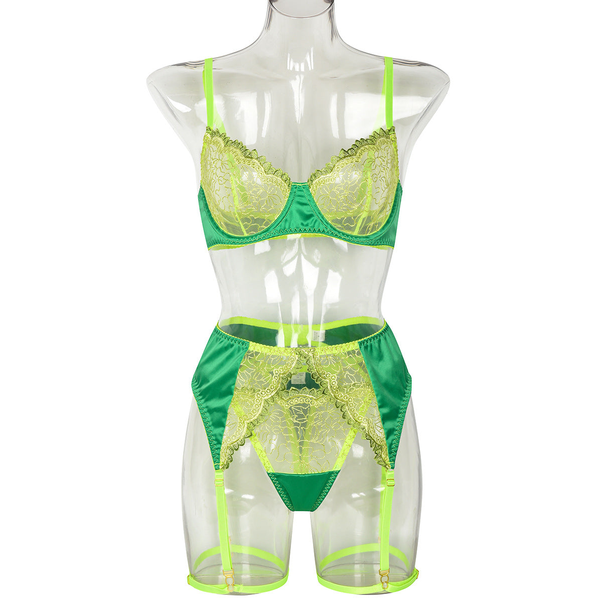 Ensemble trois pièces Sexy en Satin avec broderie florale, contraste de couleur, transparent, transparent
