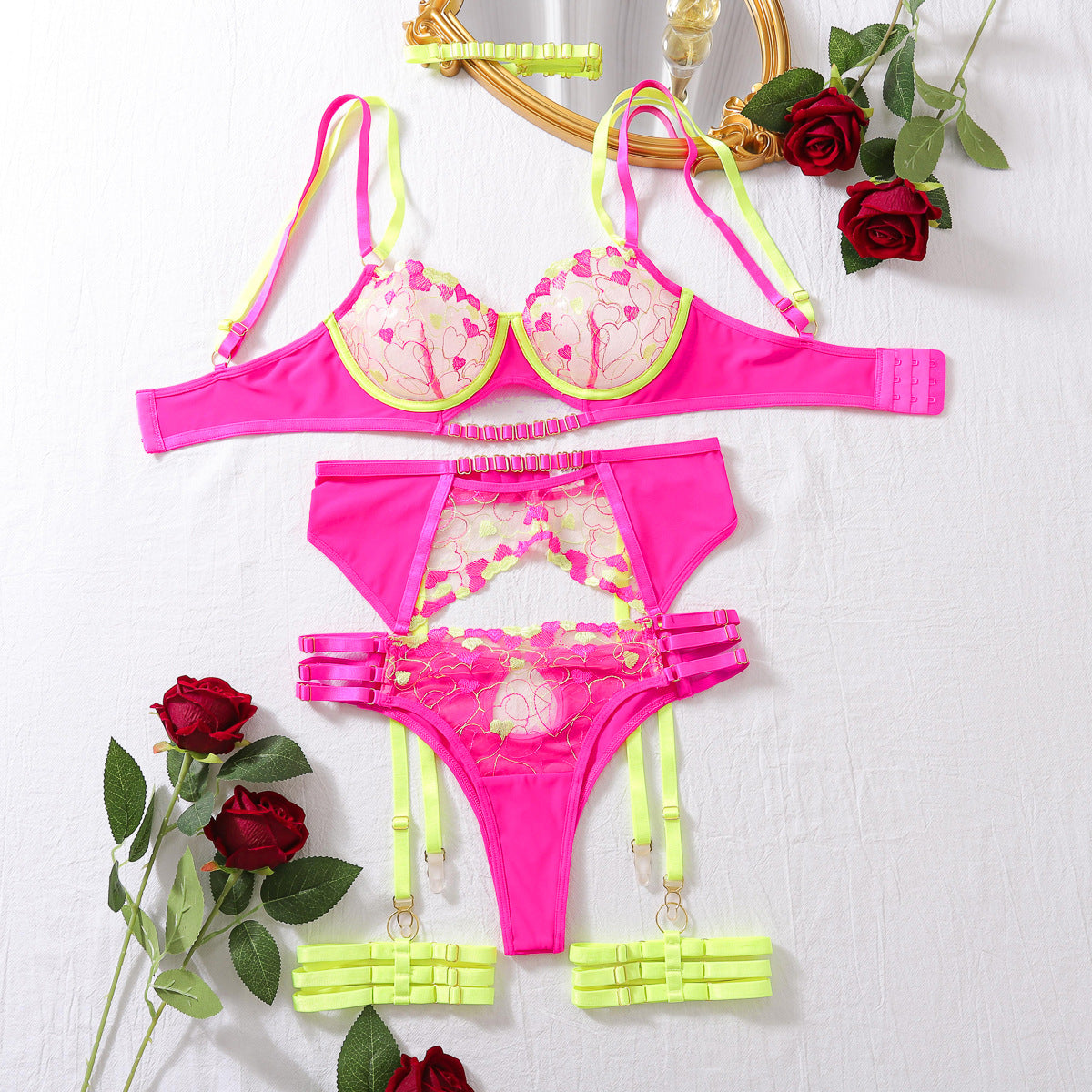 Mesh Embroidery Sexy Push up Lady Sexy See through Underwear Body Shaping Split Five Piece Set