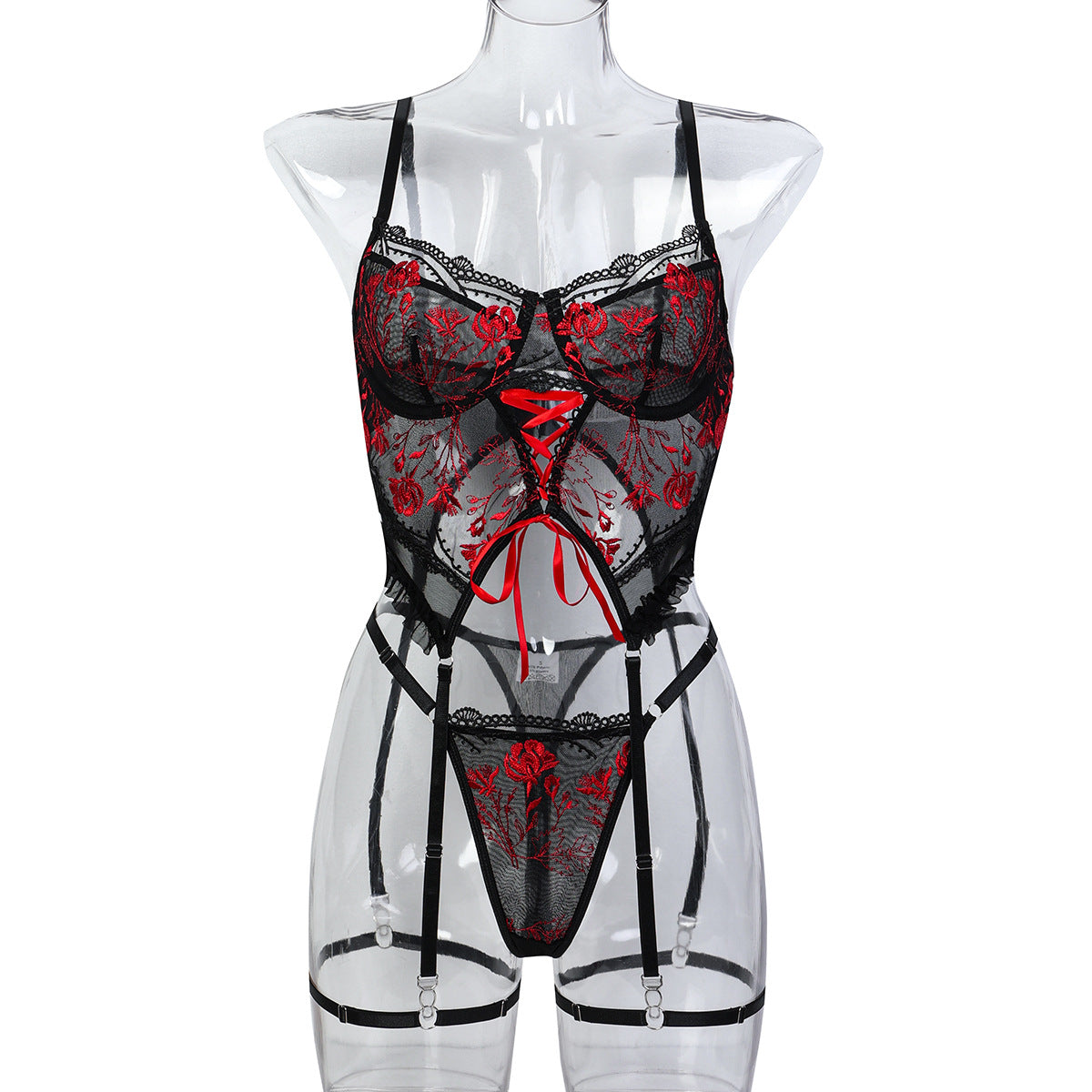Floral Embroidery Cross Strap Women Clothing Sexy Lingerie Sexy Three Piece Set