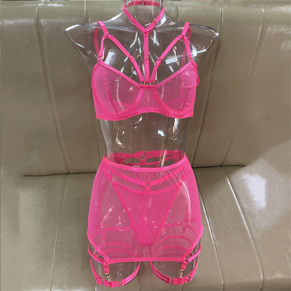 Sexy Lingerie Three Piece Set Mesh with Steel Bracket Stitching Sexy Clothes