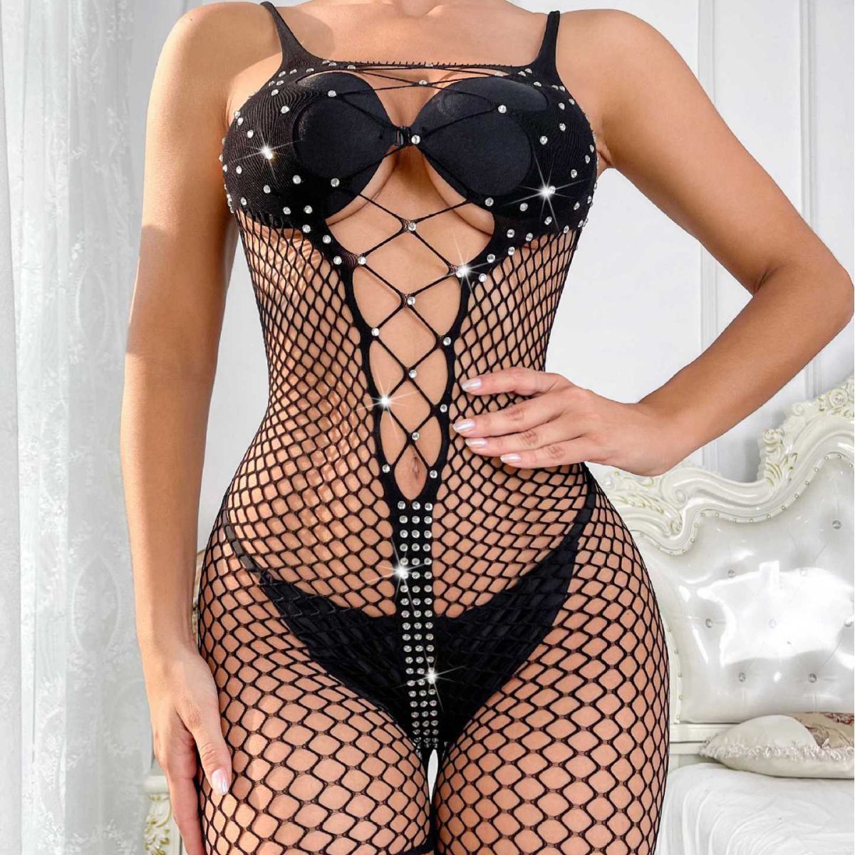 Sexy See Through Grid Mesh Bodysuit Sexy Lingerie