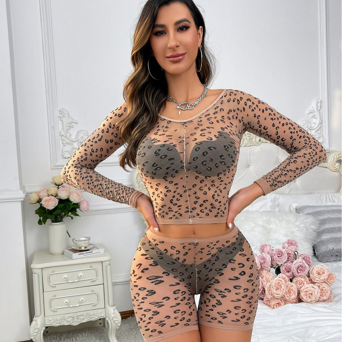 Leopard Series Women Skin Color Printed Leopard Print Two-Piece Sexy Lingerie Fishnet Clothes