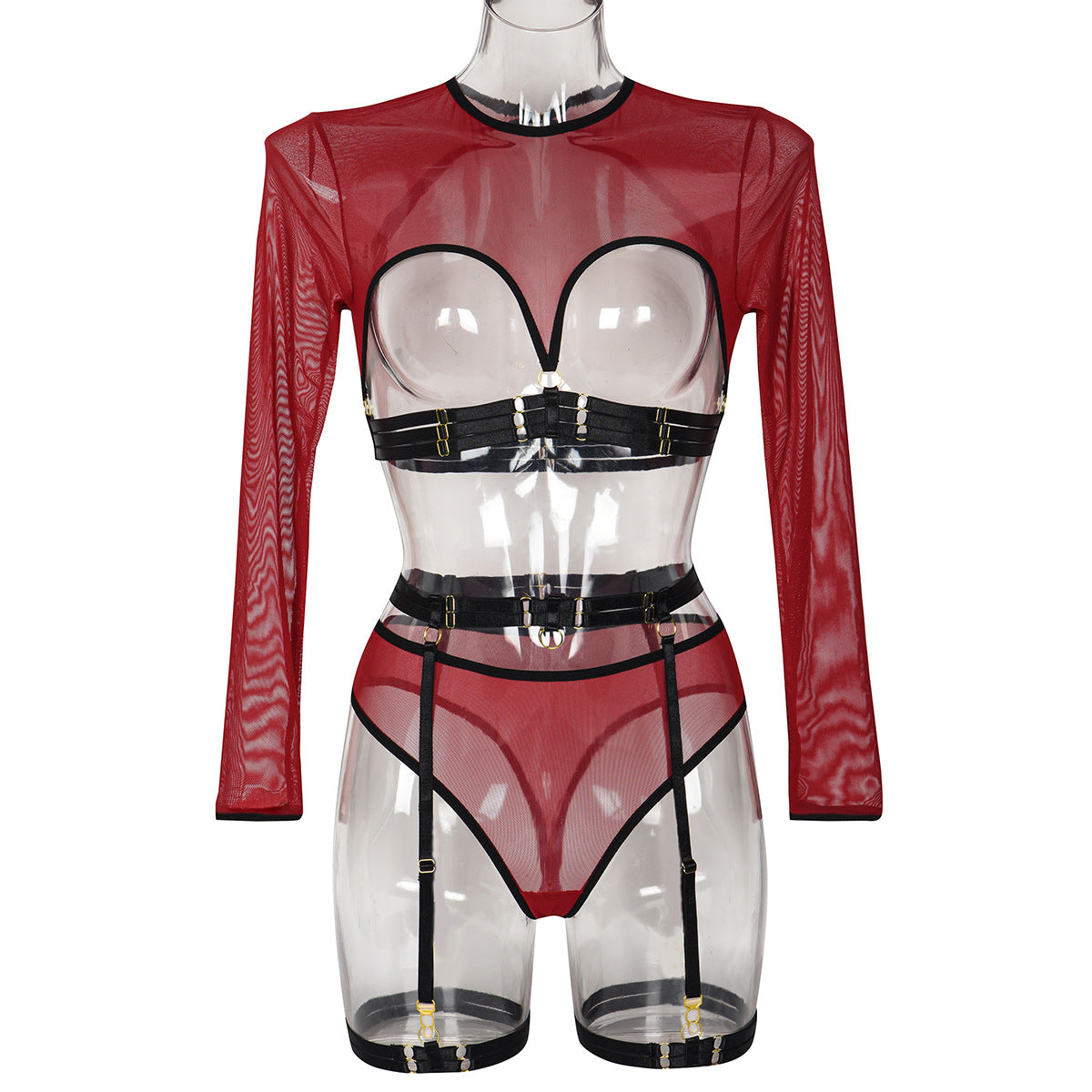 Mesh See through Patchwork Lace up Heavy Craft Complex Three Piece Sexy Lingerie