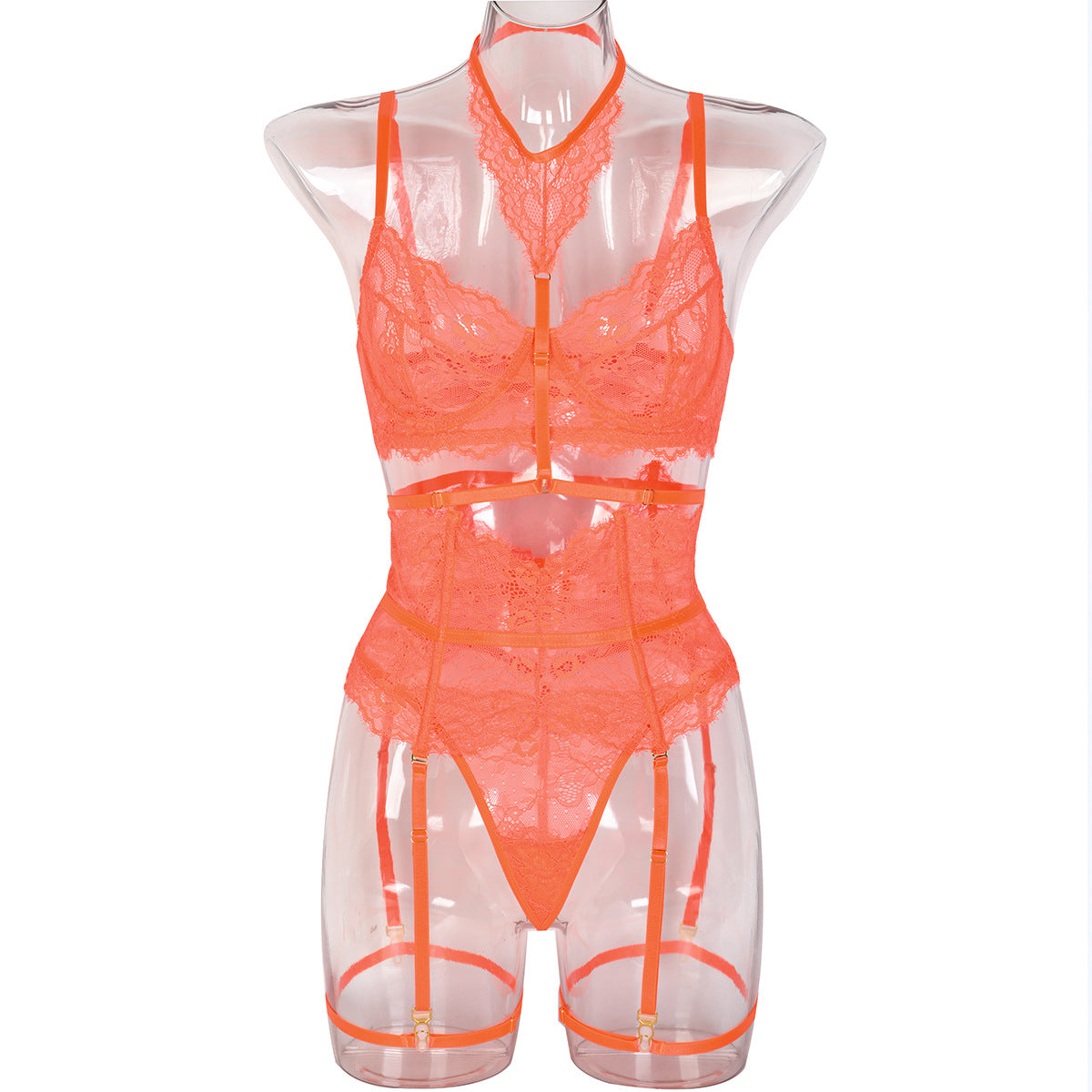 Sexy Three Piece Summer Lace Eyelash Lace Stitching with Halter Foot Ring