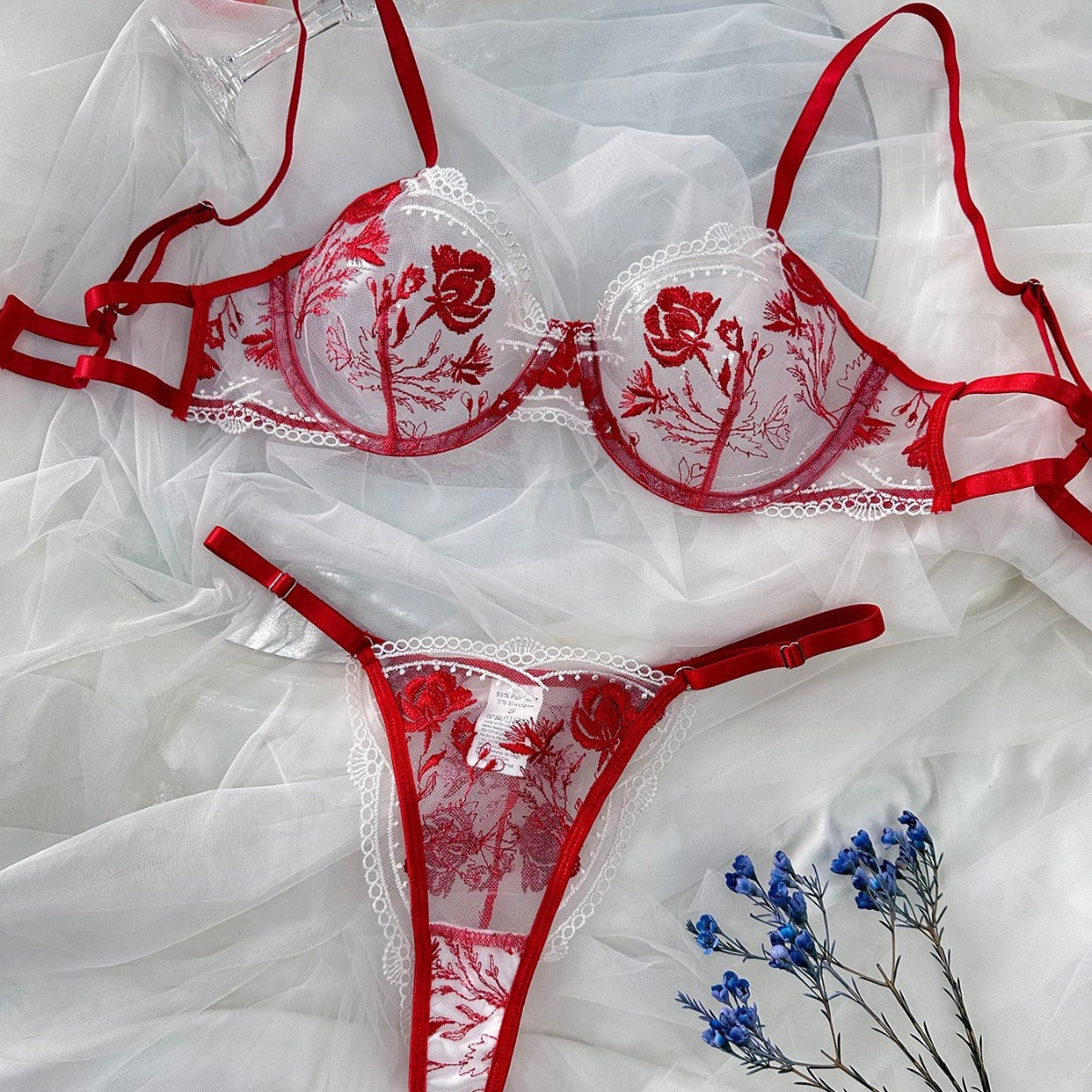 Women Lingerie Multi Color Sexy Embroidery Sheer Cutout Underwear Suit