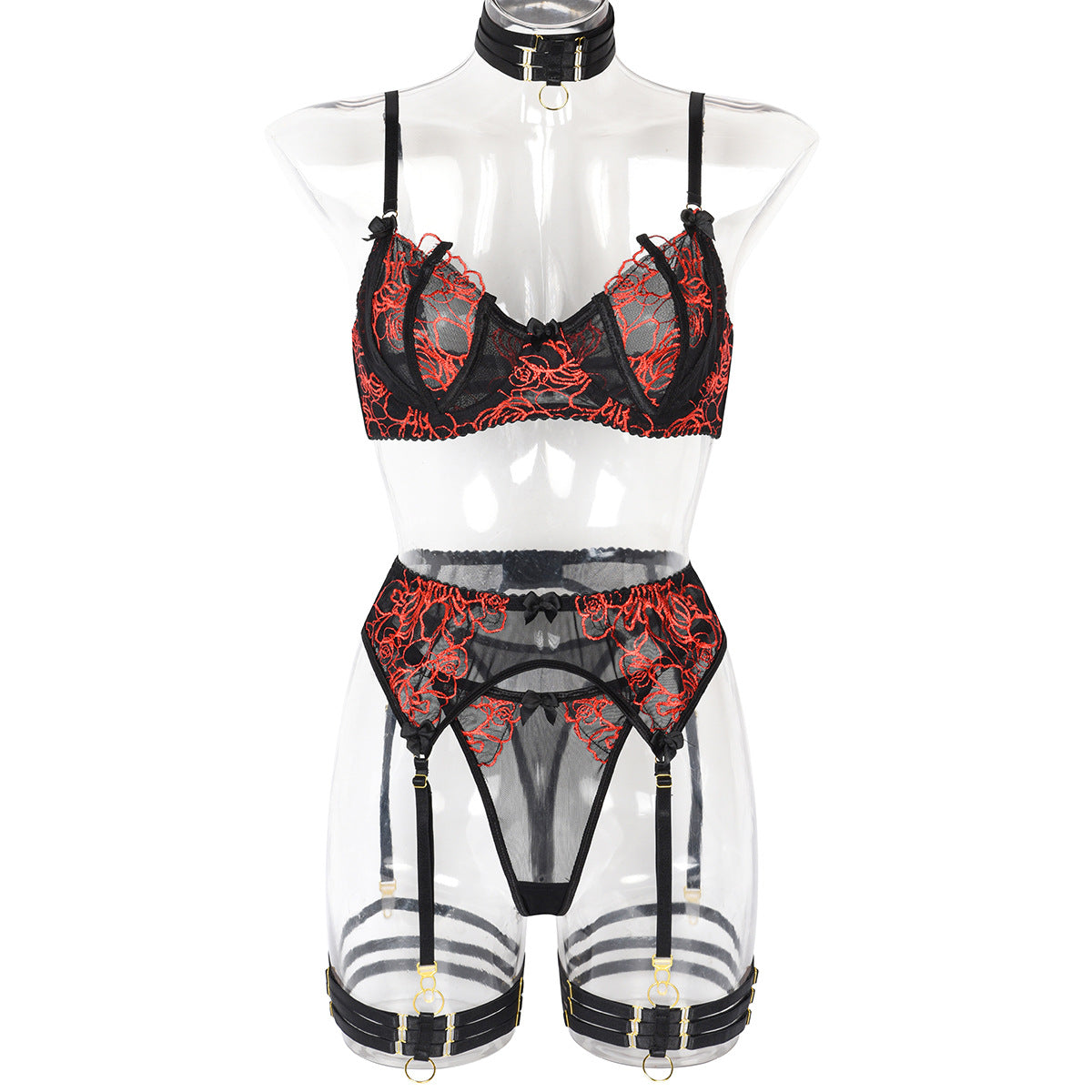 Sous-vêtements Sexy pour femmes, ensemble de 6 pièces avec broderie complexe de l'industrie lourde, avec collier, ensemble d'anneaux de jambe