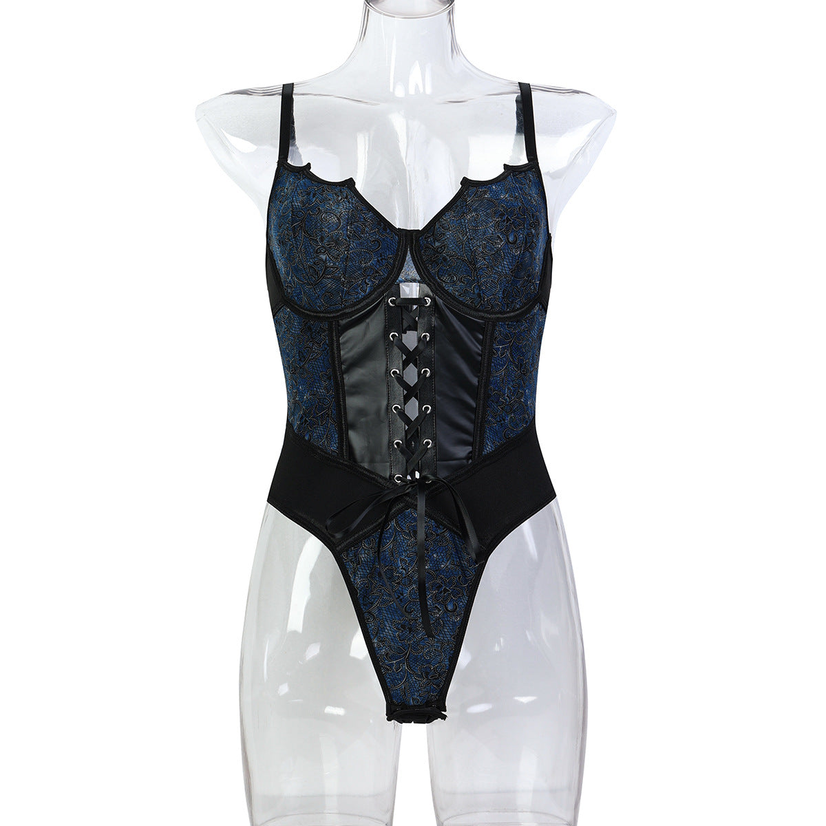 Retro Printed Mesh Cloth Faux Leather Cross Strap Bow Tight Jumpsuit Irregular Asymmetric Spaghetti Strap