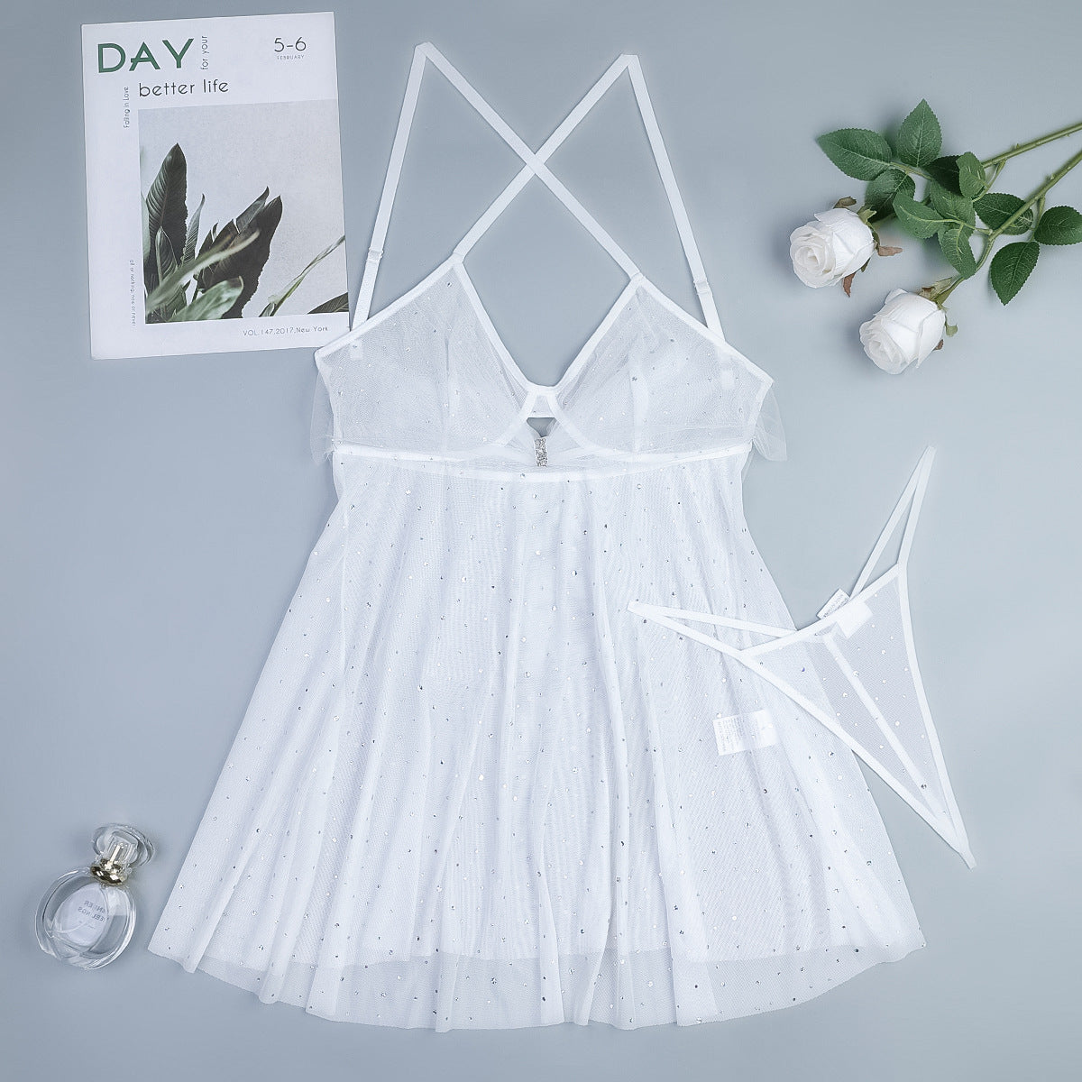 Jupe à bretelles transparente pour femmes, filet élastique blanc, pois, paillettes, nœud papillon au dos, jolie chemise de nuit