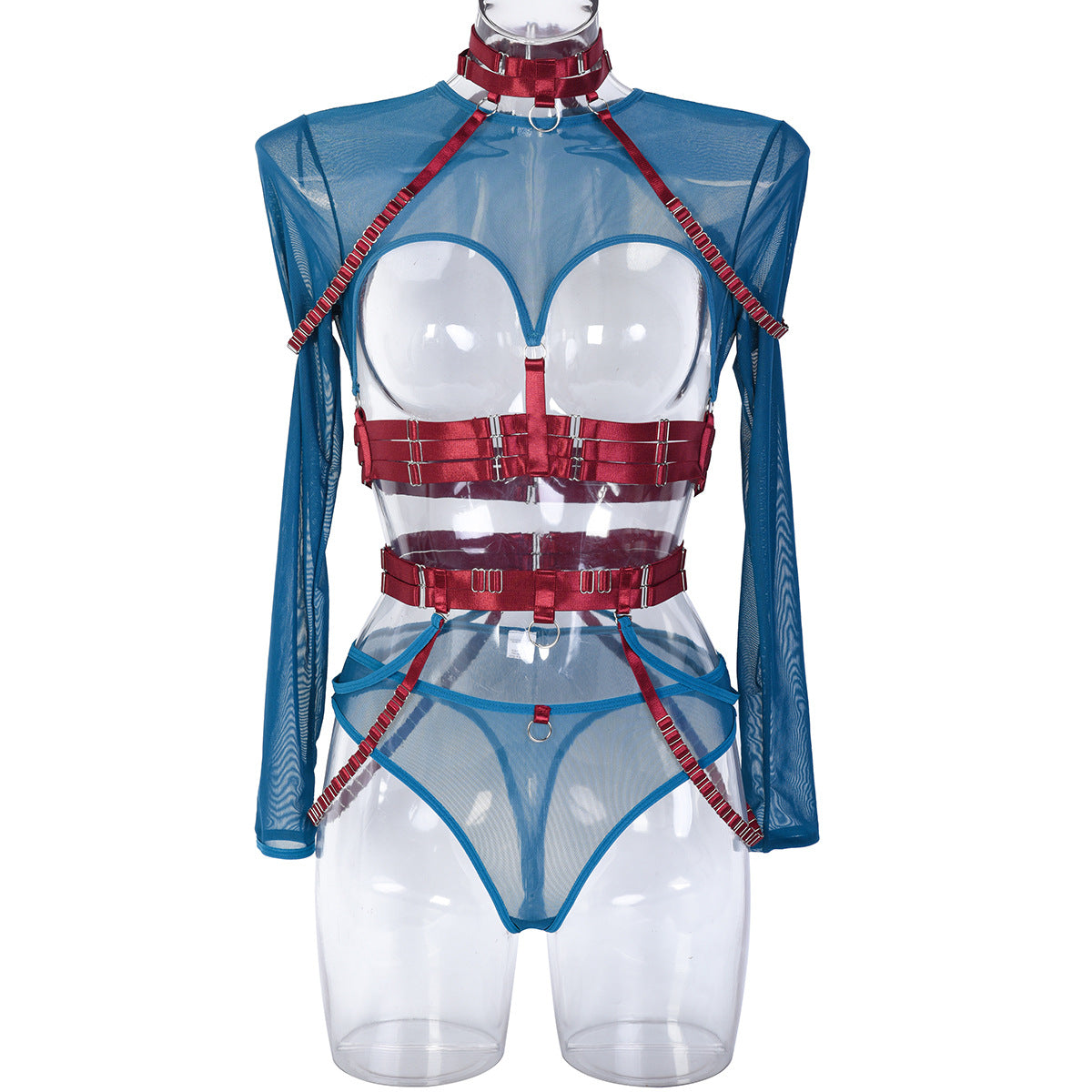 Conjunto sexy de tres piezas en ropa interior sexy para club nocturno con cintura halter y correa compleja