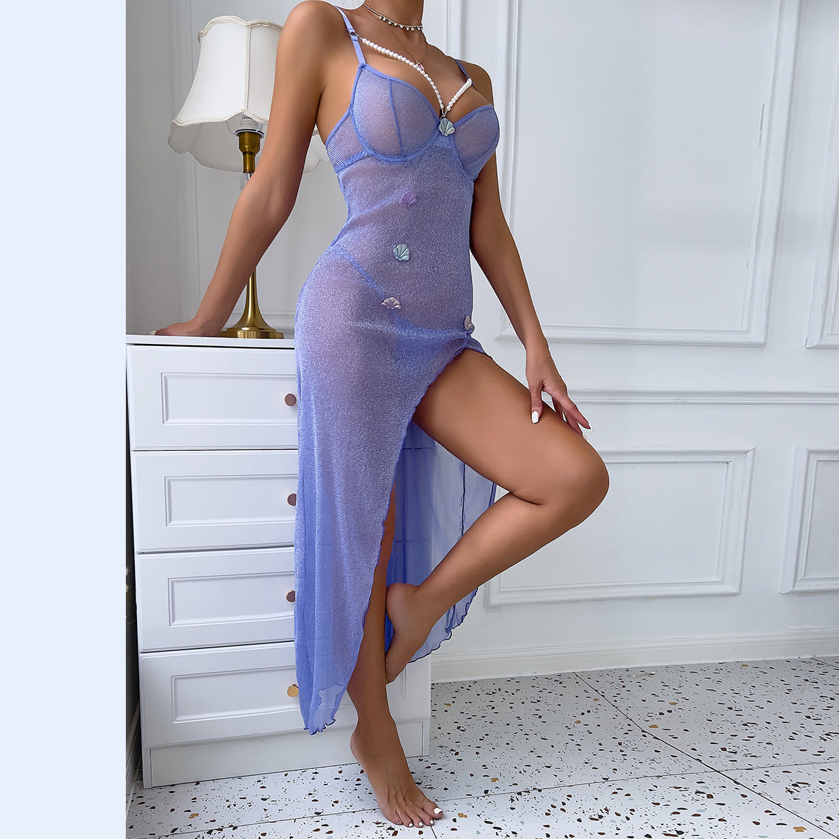 Romantic Pearl Shell Colorful Purple Micro Elastic Mesh High Waist Split Open Leg Sexy Cami Dress Party