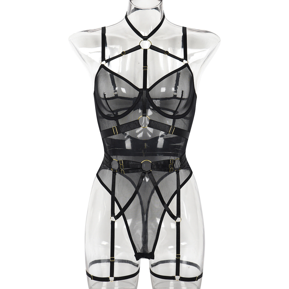 Leopard Print Sheer Mesh Strap Sexy Lingerie with Steel Ring Sexy Bodybuilding Jumpsuit