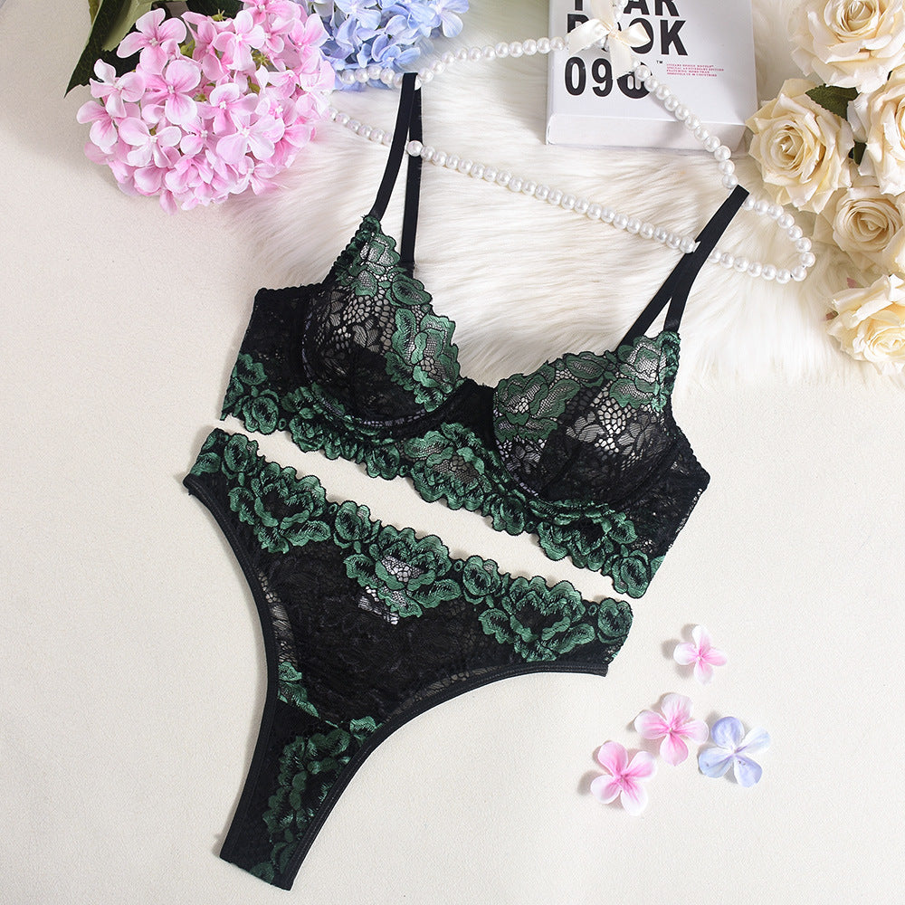 Lingerie Sexy Bra Contrast Color Sexy Lace Gathered See through Two Piece Set