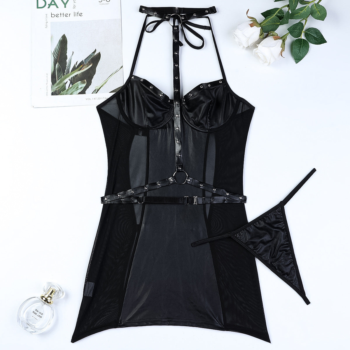 Black Micro Elastic Soft Leather Non Faux Leather Patent Leather Motorcycle Metal Nail Halter Waist Tight Hip Skirt Two Piece Set