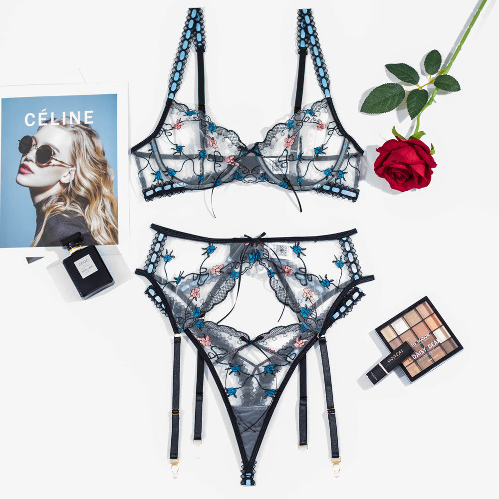 Embroidery Garter Steel Ring Three Piece Set Women Sexy Underwear Body Shaping Two Piece Set