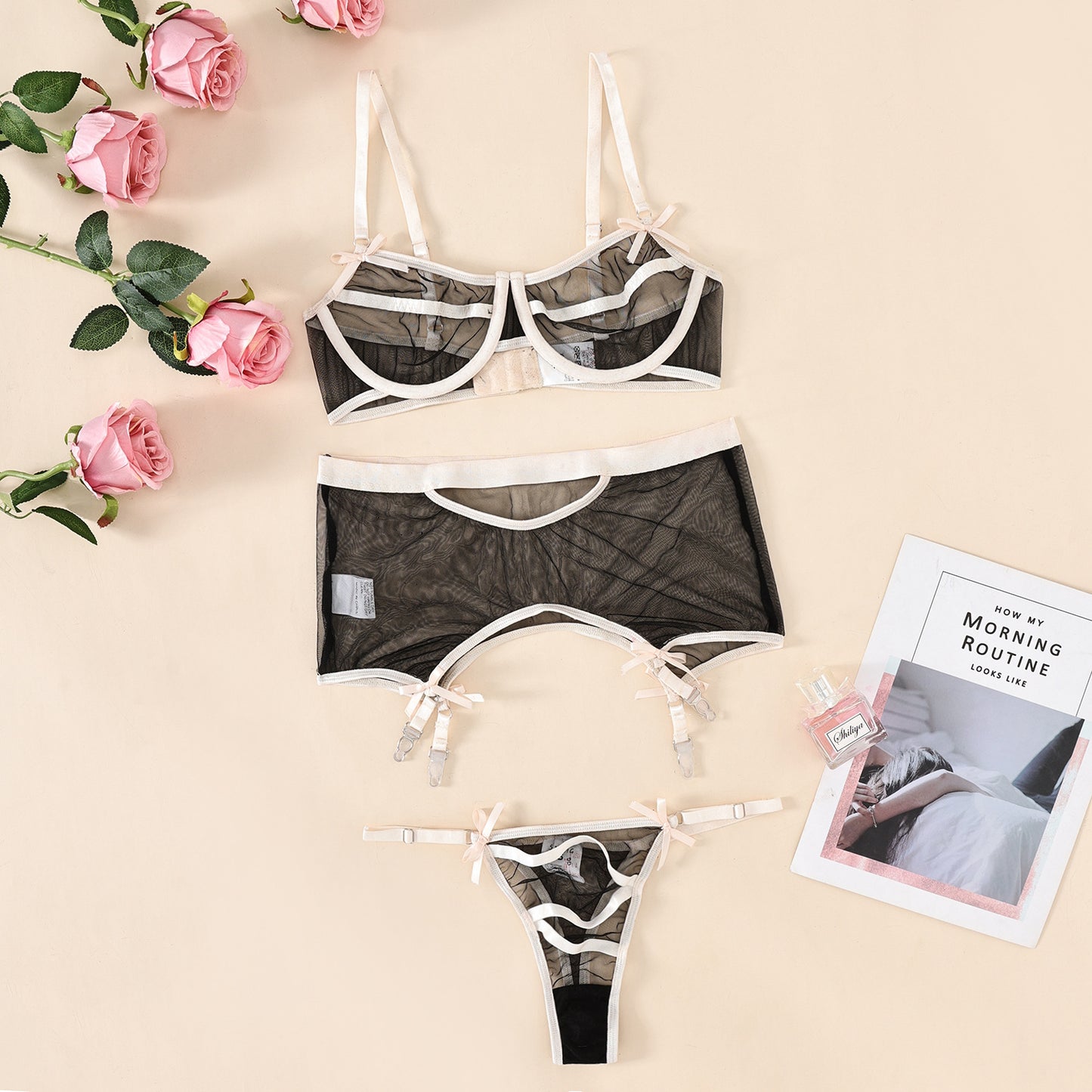 Lace Sexy Mesh Thin Straps Stitched Backless Garter Suit Women