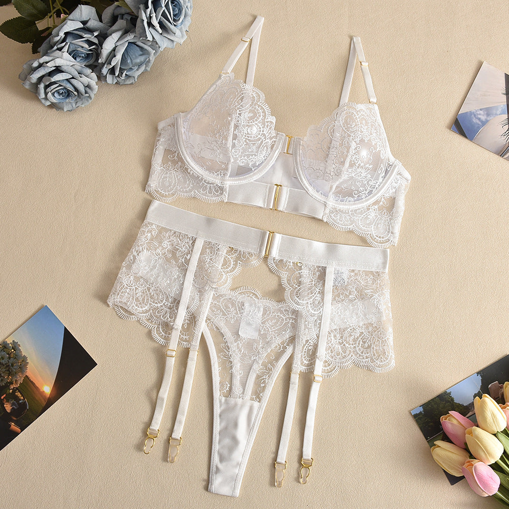 Embroidery High Quality Heavy Industry Sexy Lingerie Embroidery Eyelash Lace See-through Sexy Three Piece Set