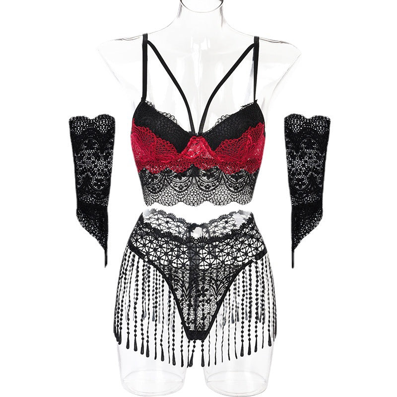 Sexy Lingerie 5-Piece Set Tassel Waist Seal Lace Stitching with Gloves Set Opera Glove