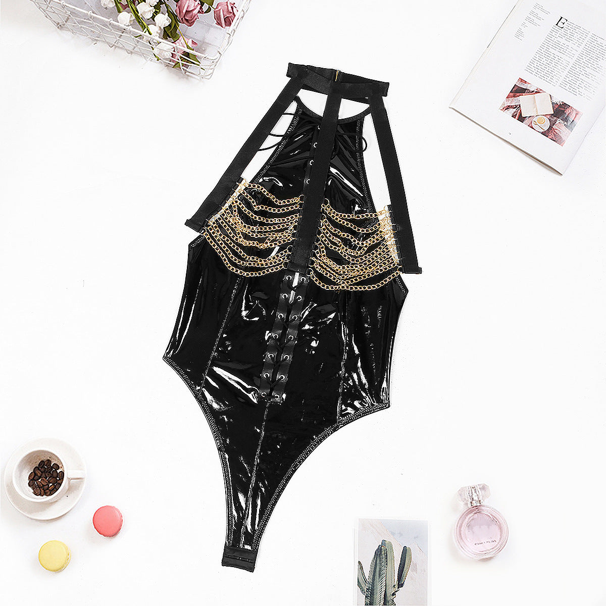 Sexy Seduction Binding Metal Chain Patent Leather Uniform Passion Sexy Lingerie Jumpsuit