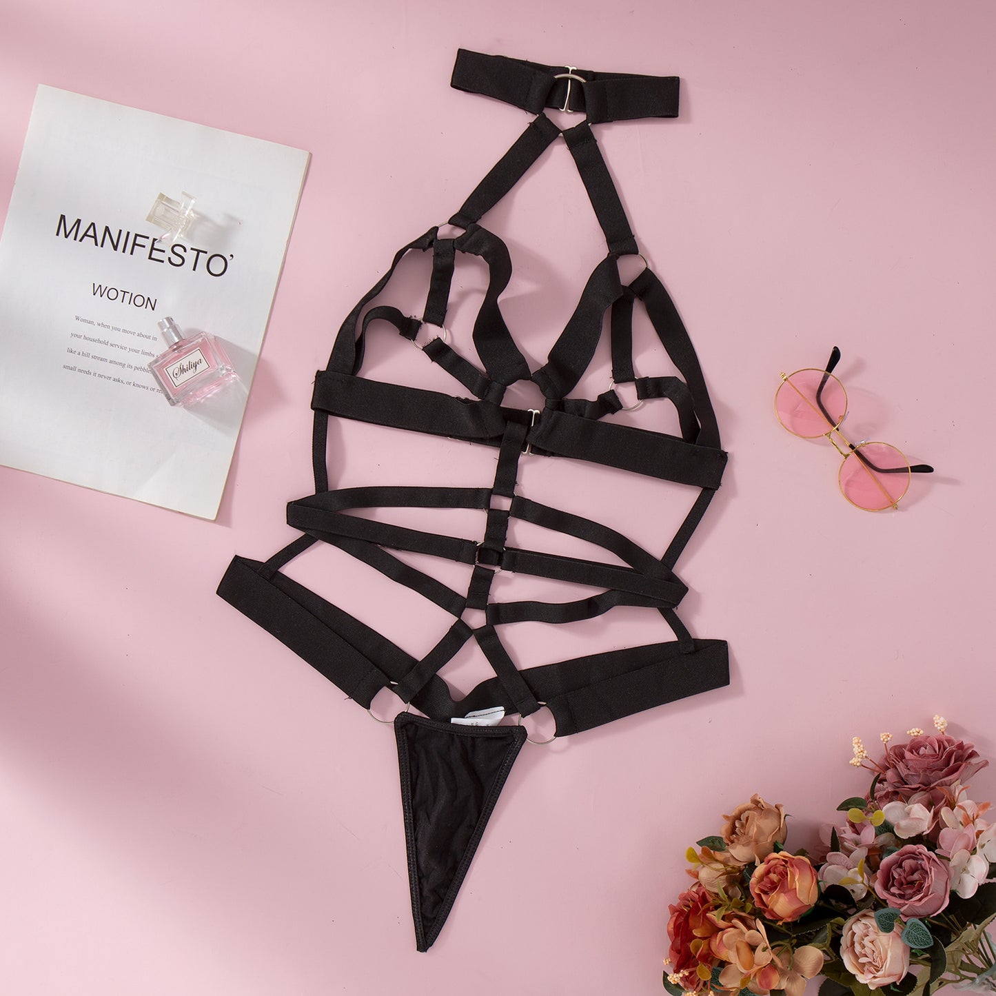 Hollow Out Cutout Out Strap Stitching Embroidery Binding Halter Sexy Lingerie