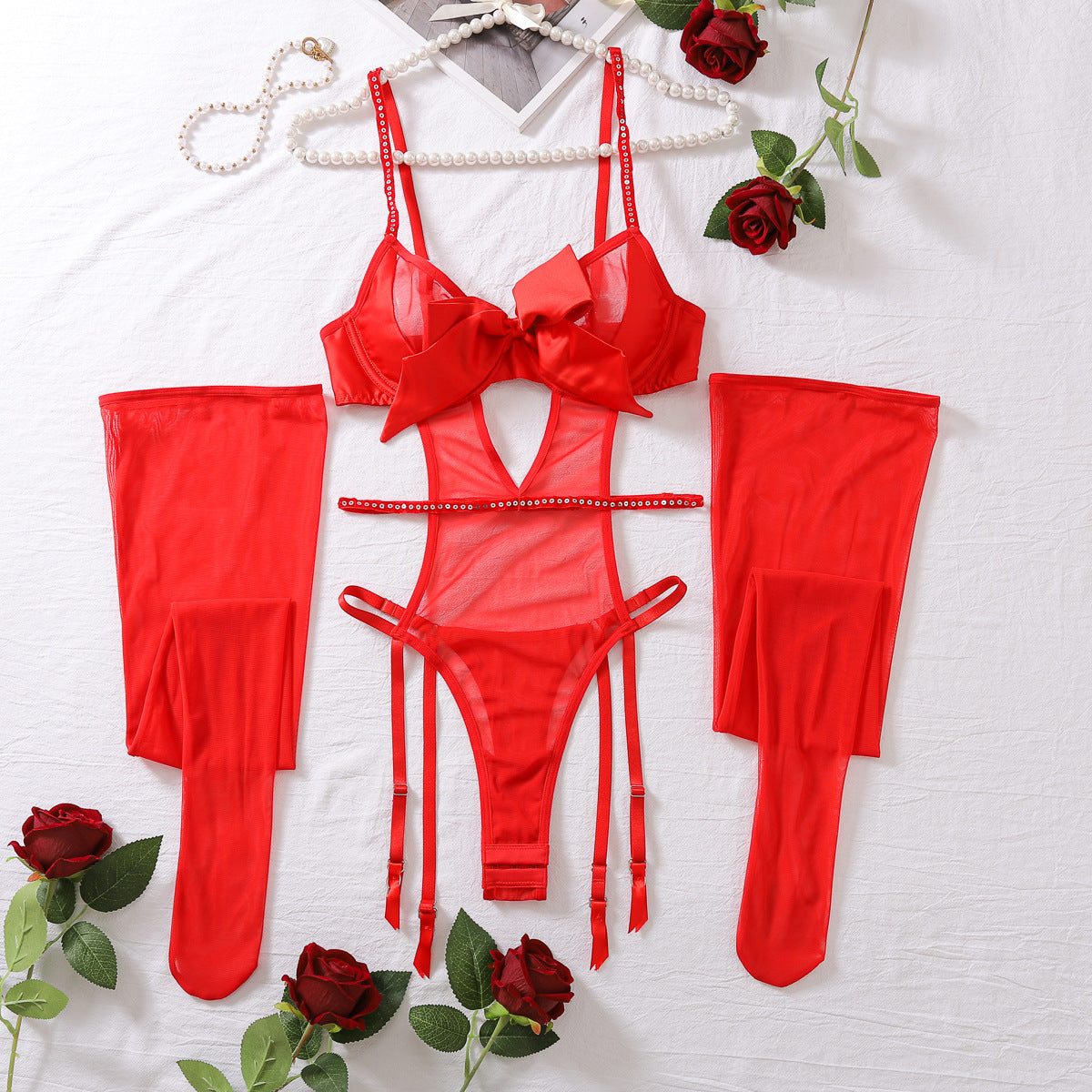 Funny Clothing Rhinestone Stitching Red Bow Year Valentine Day Jumpsuit