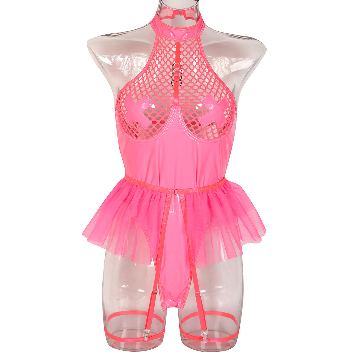 Sexy Faux Cuir Verni Grande Maille Joint Croisé Sous-Vêtements Licol Maille Bulle Jupe Combinaison Détachable