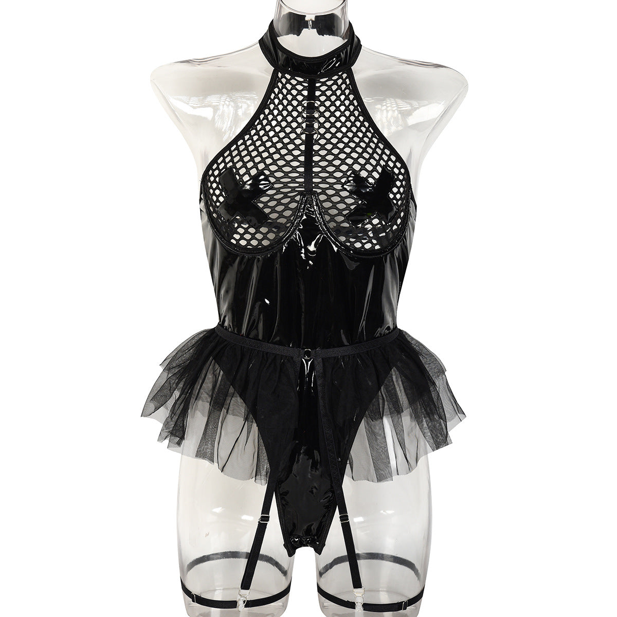 Sexy Faux Cuir Verni Grande Maille Joint Croisé Sous-Vêtements Licol Maille Bulle Jupe Combinaison Détachable