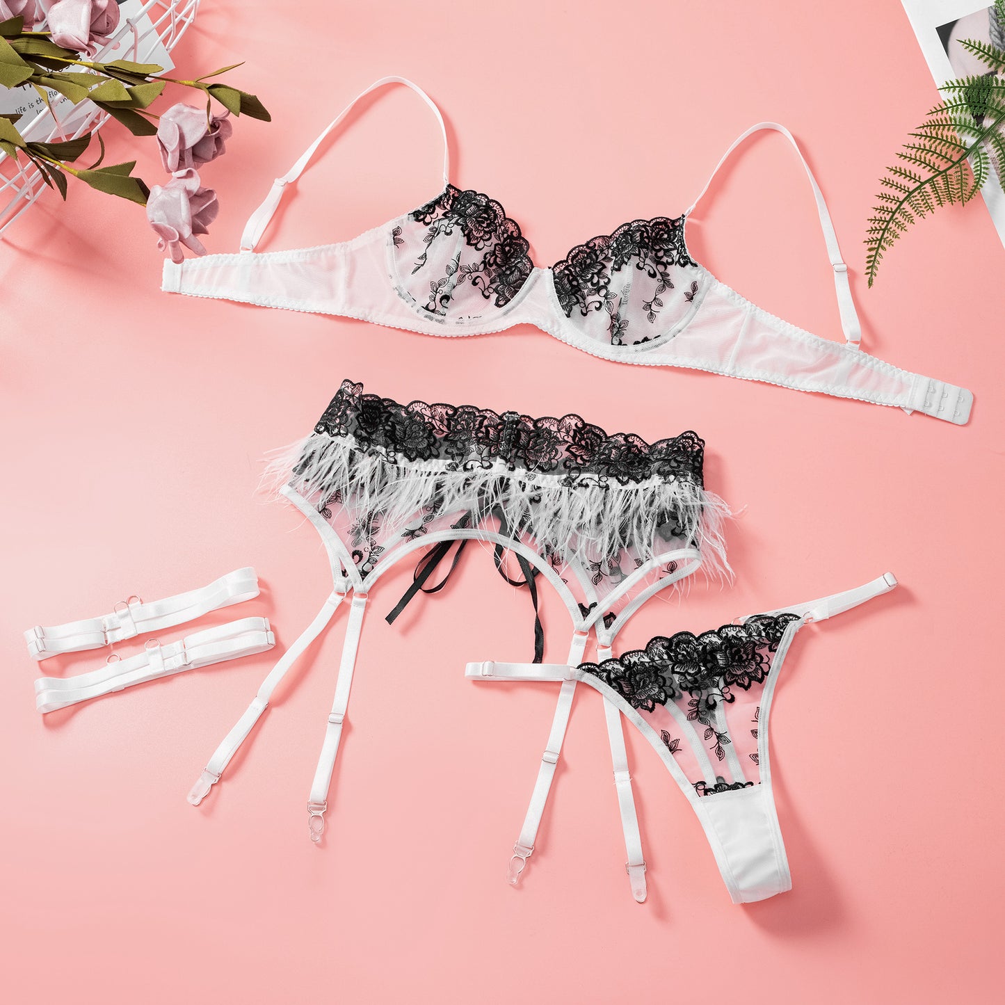 Embroidery Sexy Bra Sexy Lingerie Set Black Floral Feather Underwear