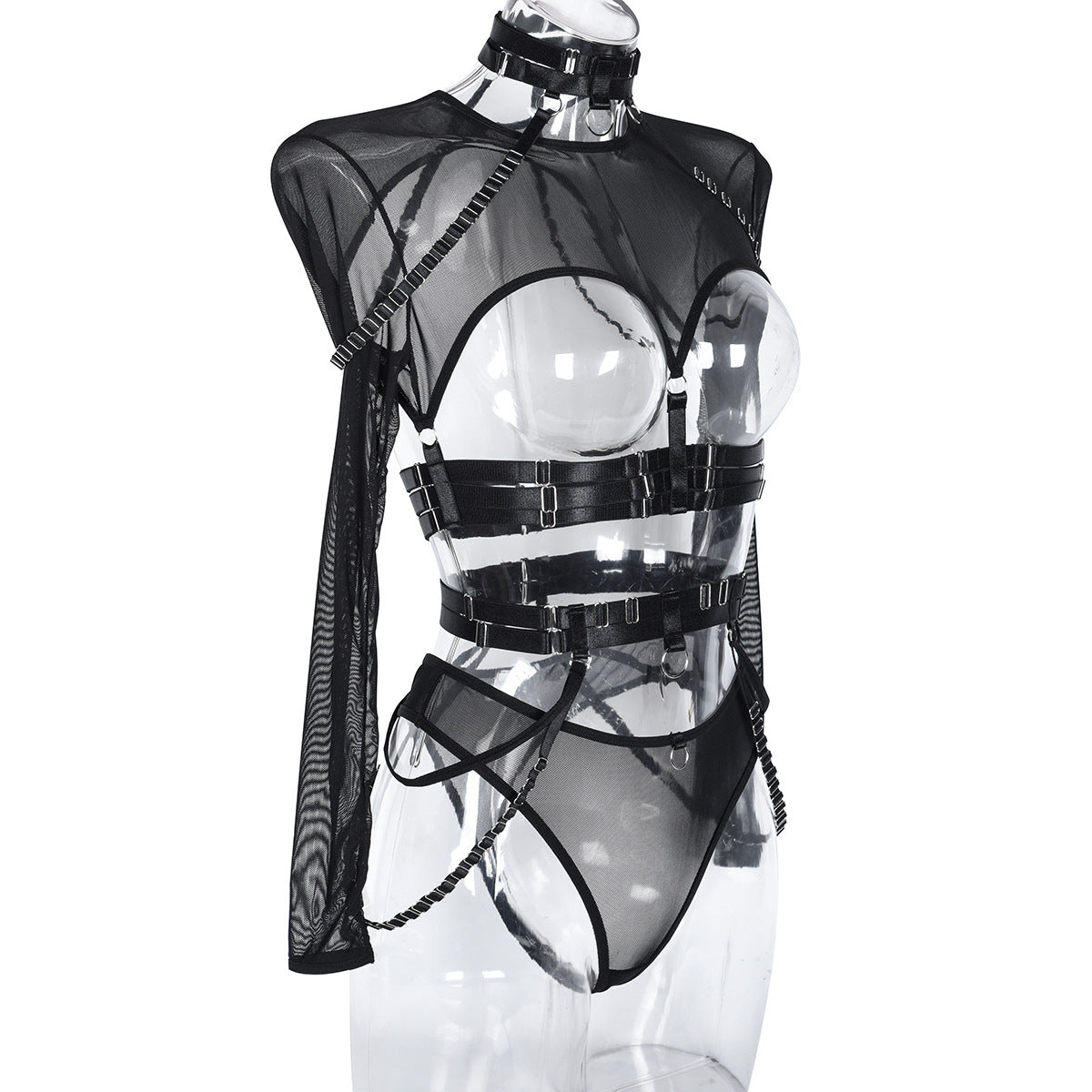 Conjunto sexy de tres piezas en ropa interior sexy para club nocturno con cintura halter y correa compleja