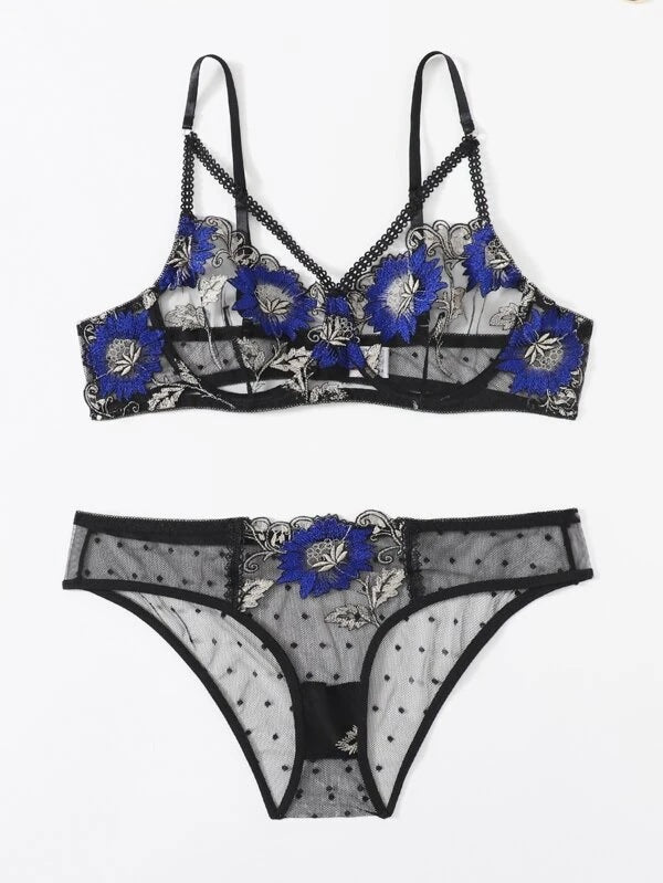 Plus Size Sexy Embroidery Contrast Color Embroidery Sexy Steel Ring Suit