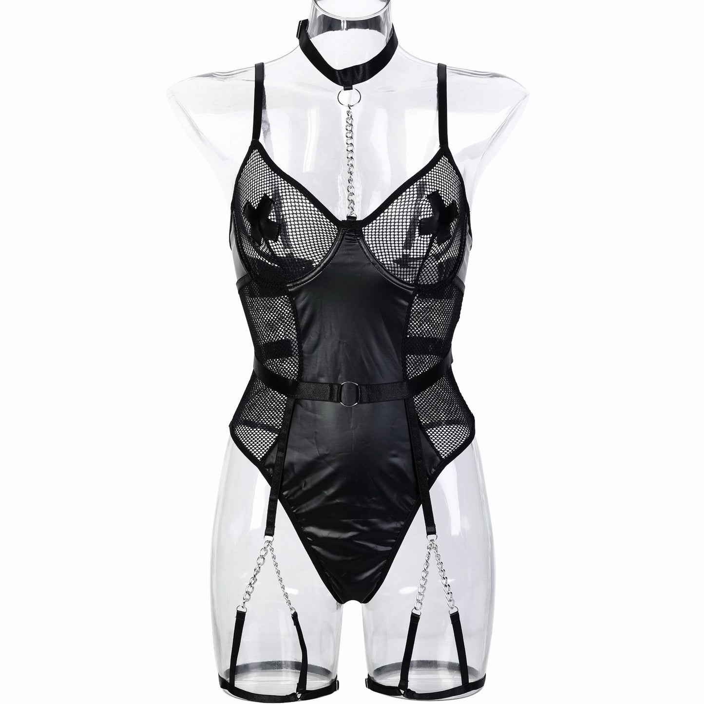 Peinture en Faux cuir pour moto, couture en maille, ajouré, découpe, Perspective, autocollants croisés, chaîne en métal lourd, combinaison Sexy