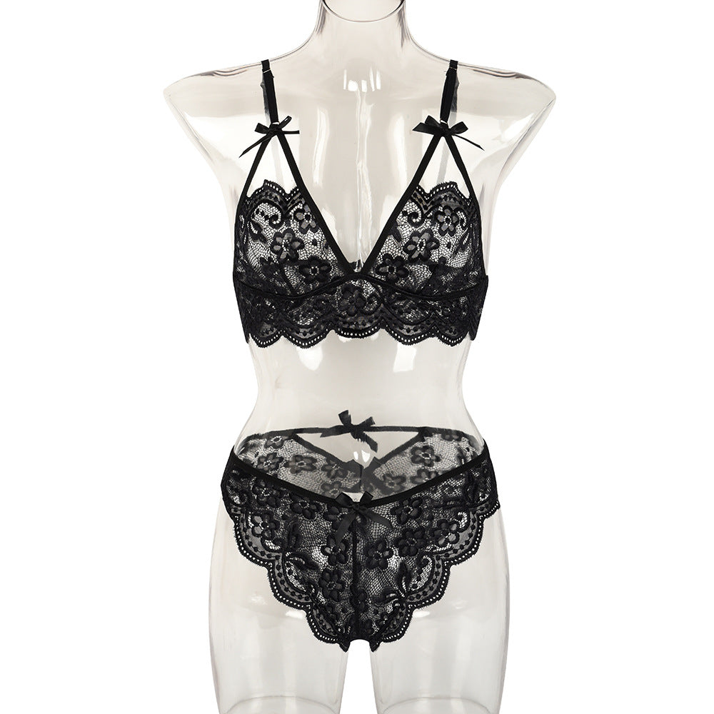 Sexy Two Piece Set Autumn Lace Splicing Tape Bow Sexy Lingerie Set