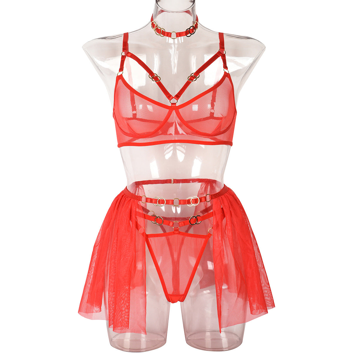 Red Valentine Day Perspective Sexy Lingerie Personality Metal Ring Buckle Mesh Cute Girl Piece Set