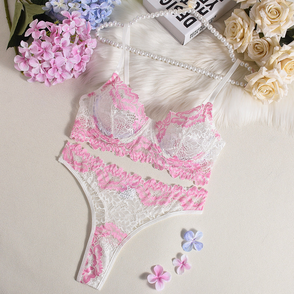 Lingerie Sexy Bra Contrast Color Sexy Lace Gathered See through Two Piece Set