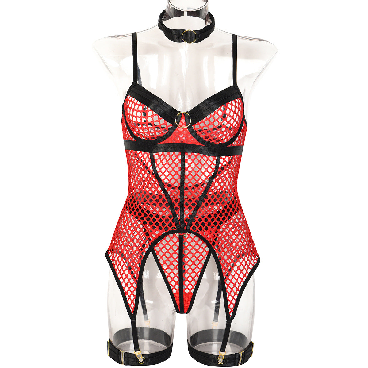 Ensemble trois pièces jupe sexy, coutures en maille large, avec anneau en acier, sous-vêtements avec anneau de jambe licou