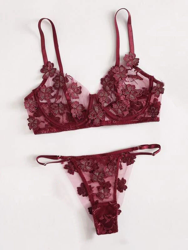 Traje sexy transparente con bordado floral romántico y sexy para mujer