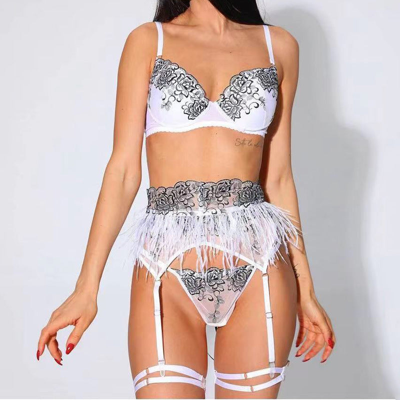 Embroidery Sexy Bra Sexy Lingerie Set Black Floral Feather Underwear