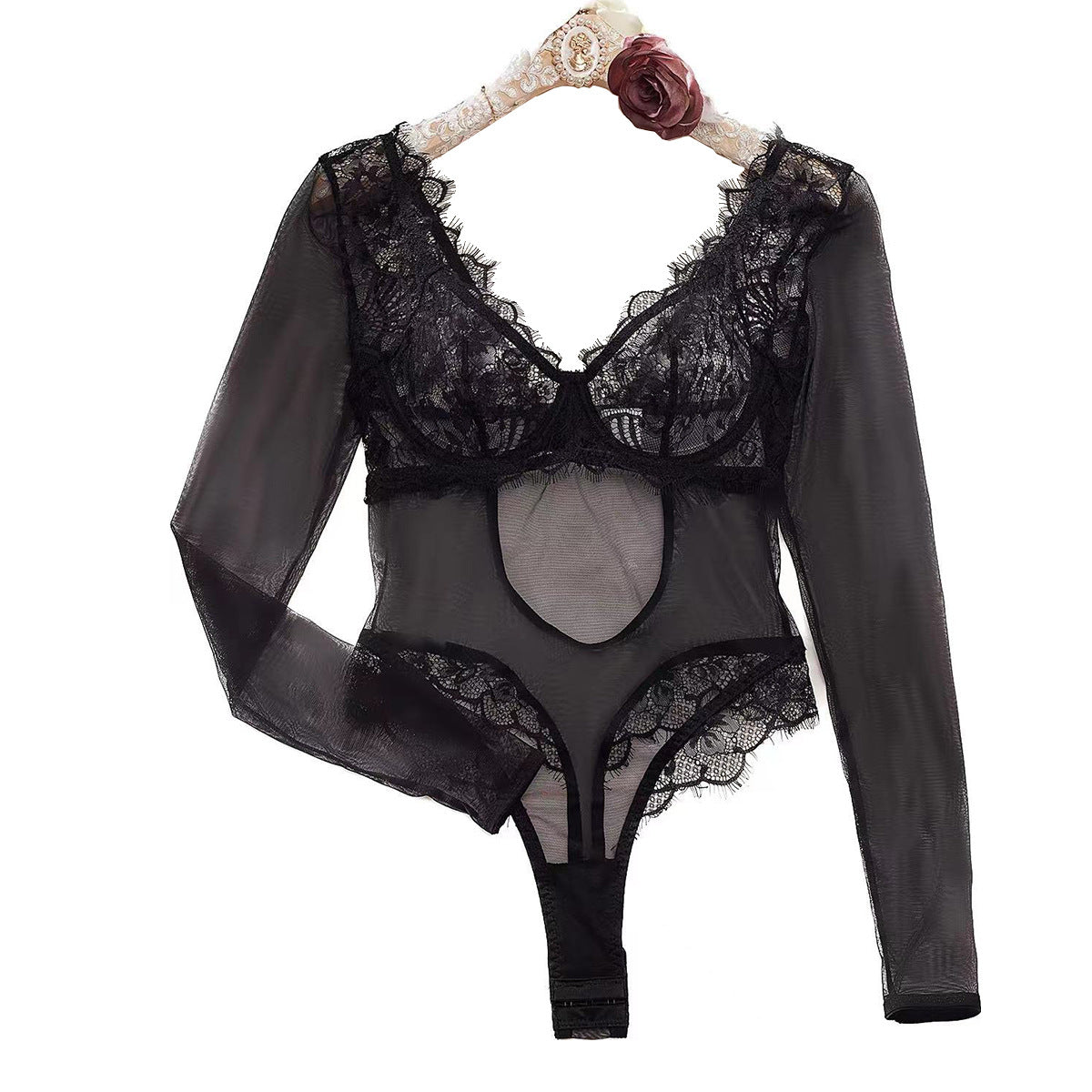 Combinaison en dentelle pour femmes, couture en maille, Sexy, transparente, dos nu, confortable, entrejambe ouvert