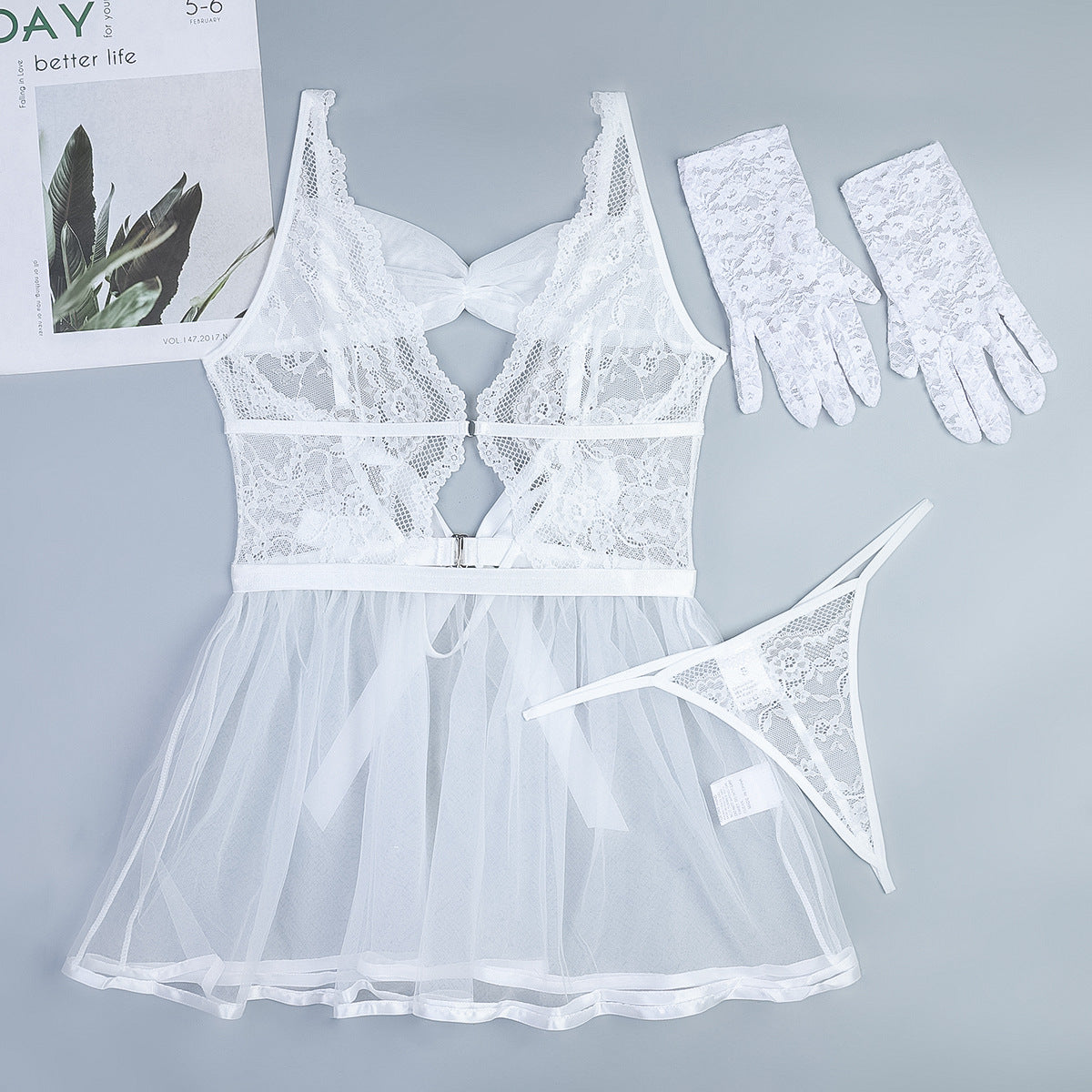Women Sexy Lingerie White Sexy Straps Tulle Transparent Lingerie Three Piece Set