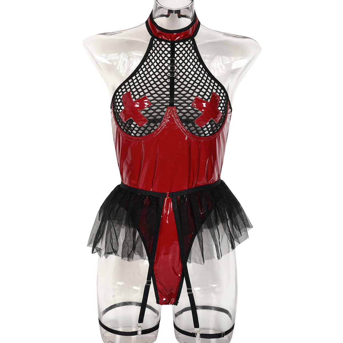 Sexy Faux Cuir Verni Grande Maille Joint Croisé Sous-Vêtements Licol Maille Bulle Jupe Combinaison Détachable