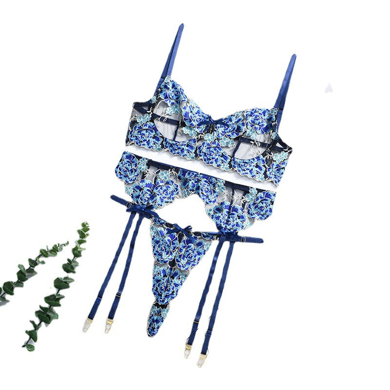 Blue Embroidered Underwear Suit Heavy Craft Sexy Garter Sexy Lingerie Three-Piece Set