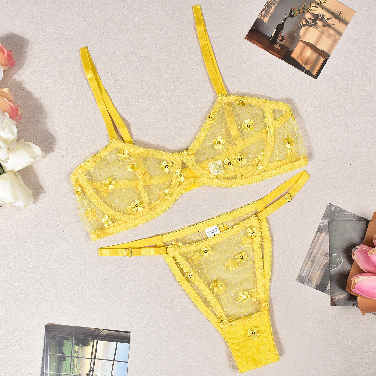 Sexy Lingerie Floral Embroidered Sequ See Through Sexy Seduction Bra Set