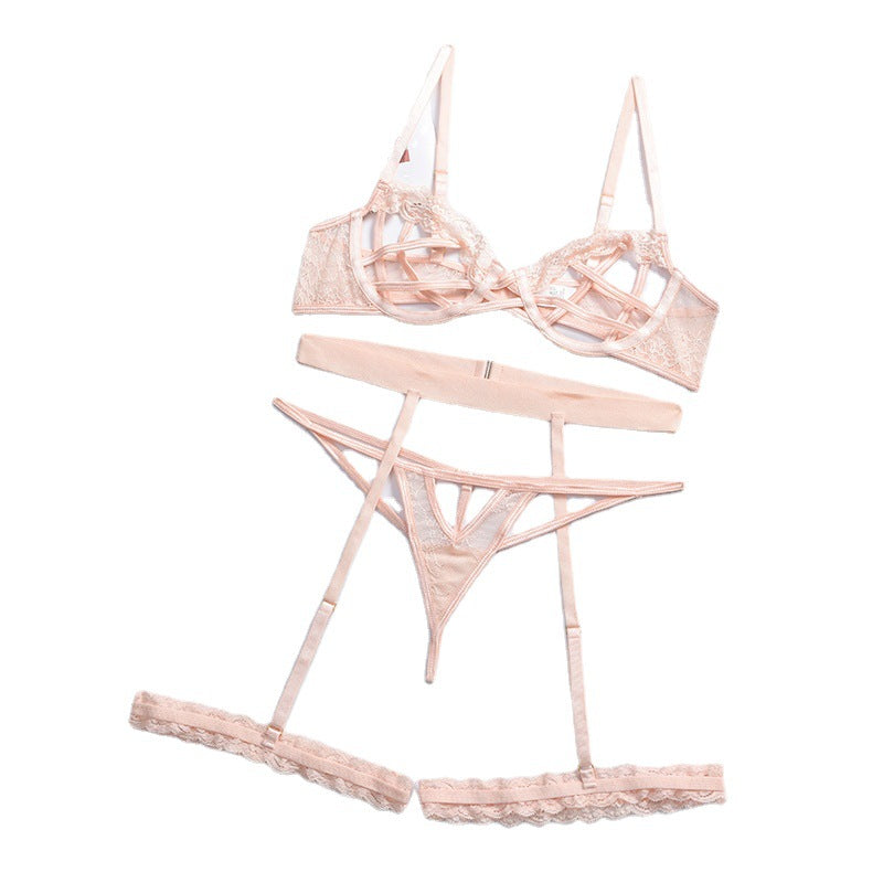 Sexy Lingerie Lace Stitching Sexy Three-Piece Set Women Garter Pink Girl