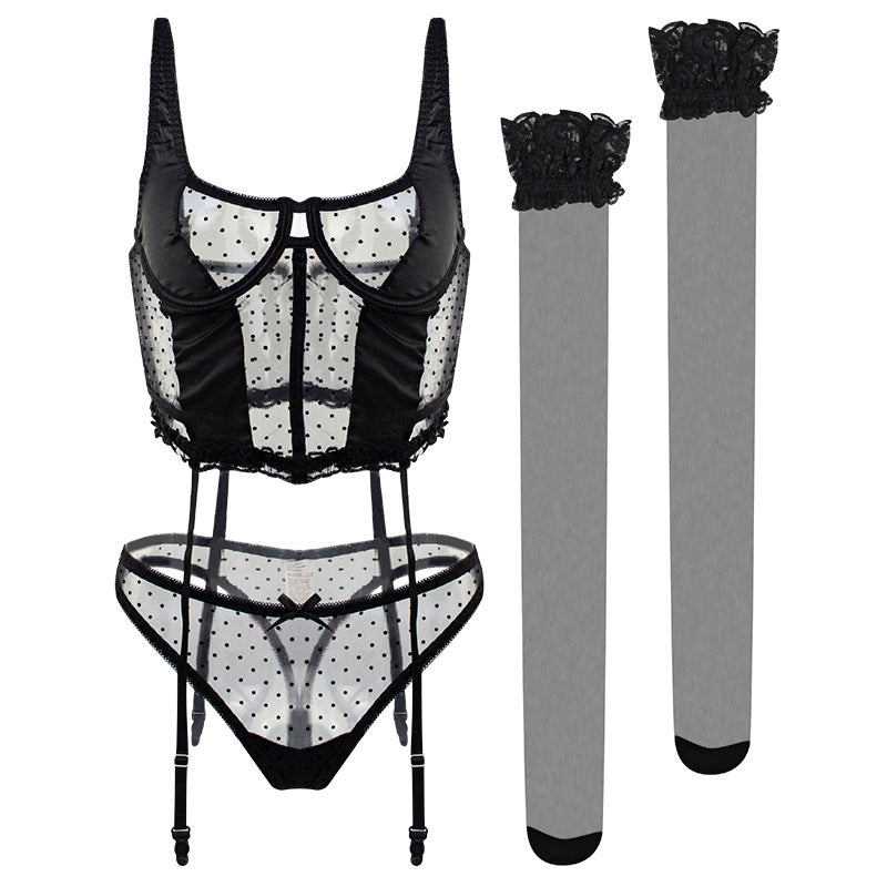 Sexy Lingerie See-through Dress Flocking Polka Dot Set Briefs Sexy Three Piece Suit