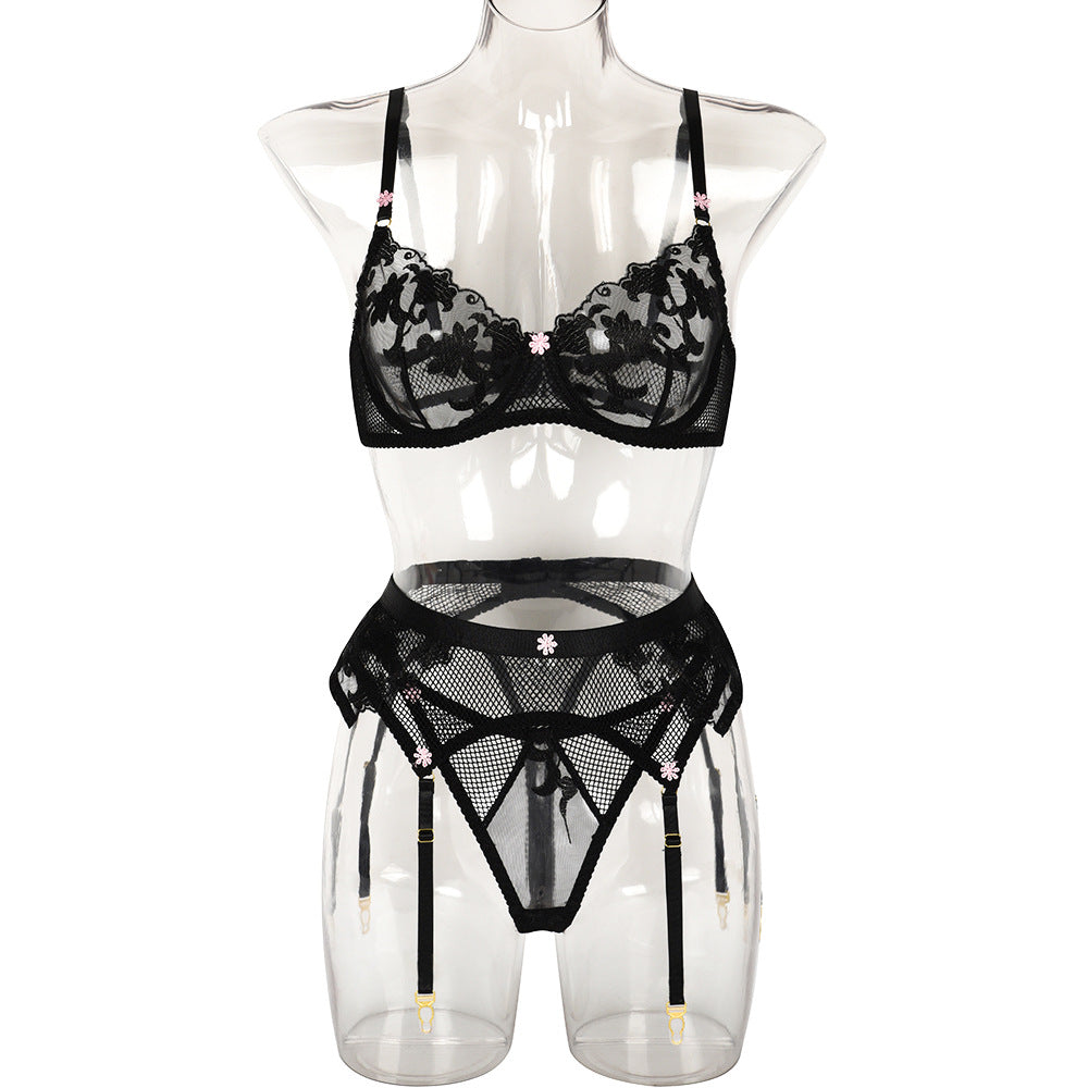 Sous-vêtements sexy trois pièces en maille et dentelle avec nœud en dentelle pour fille
