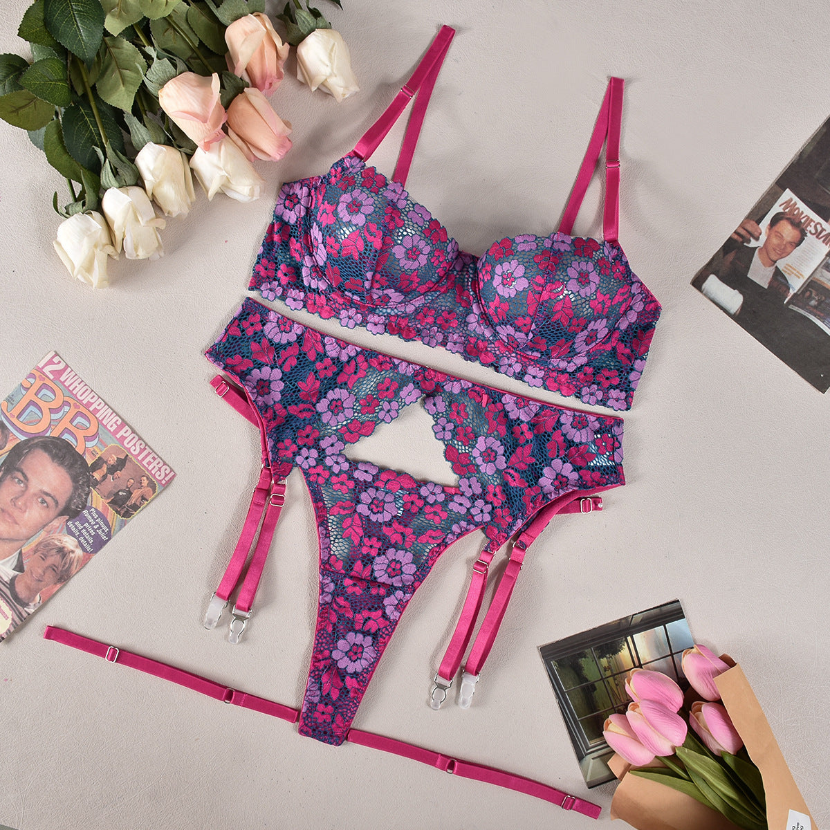 Multi Color Elastic Lace Sexy Comfortable Sexy Lingerie Four Piece Set