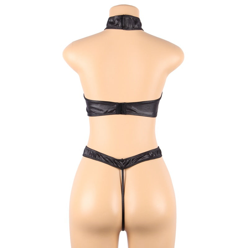 Sexy Uniform Seduction Sexy Faux Leather Three Point Bra Set Plus Size Underwear